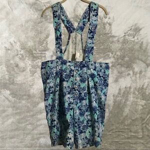 Retro Eber San Francisco Blue Floral Button Fly Short Jean Overalls